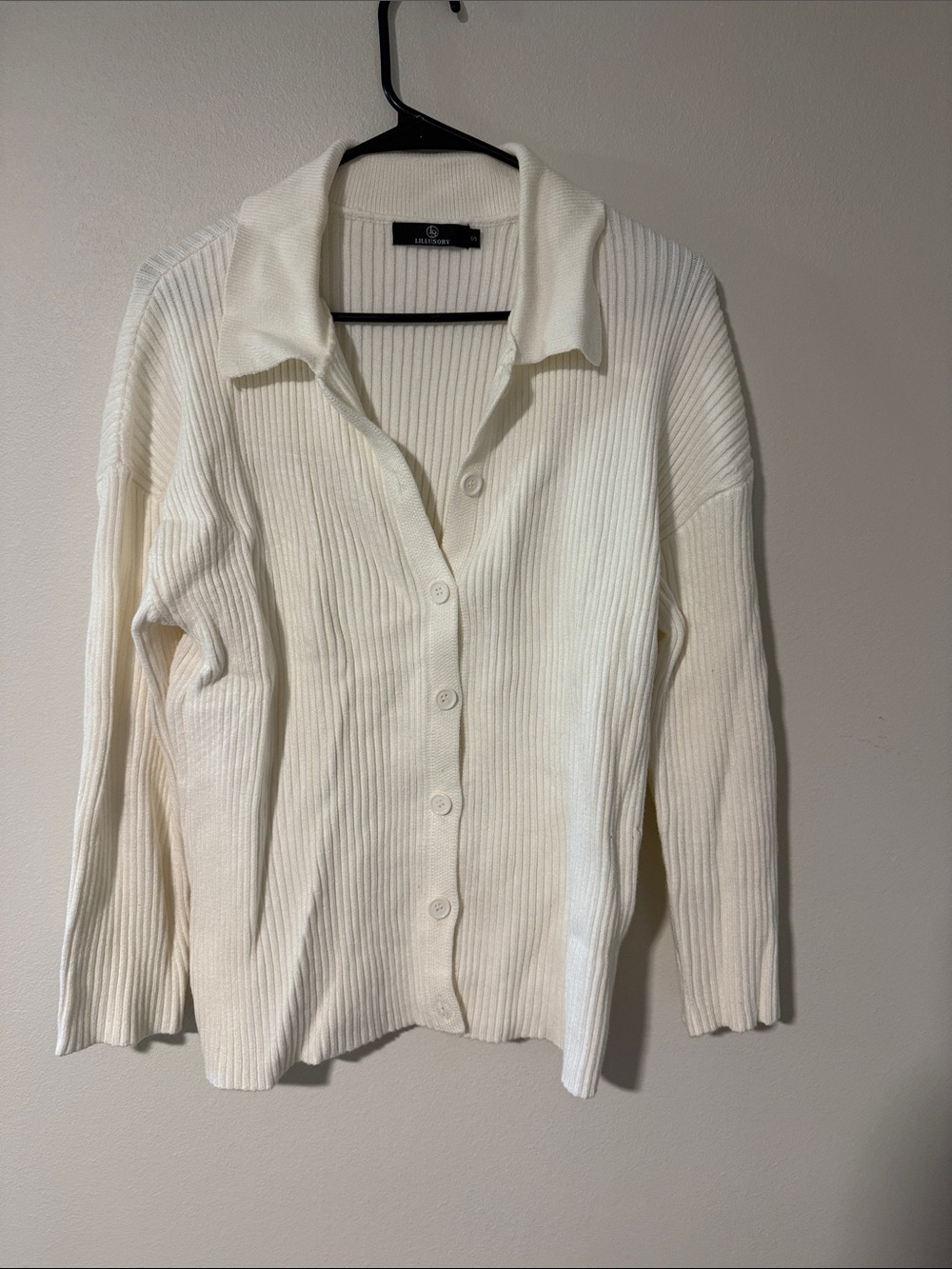 Collared Ribbed Button-Up Cardigan - Cream
